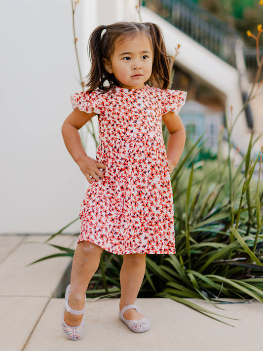 Red Floral Ruffle Sleeve Girls Dress
