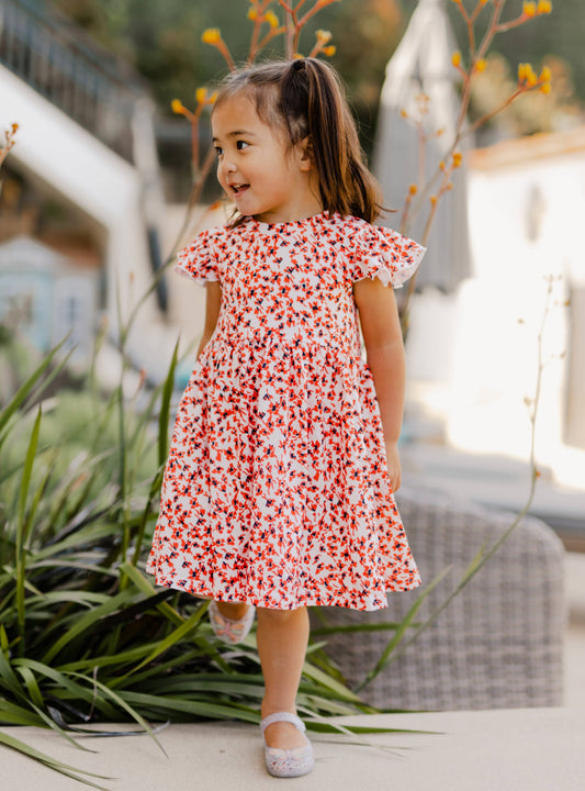 Red Floral Ruffle Sleeve Girls Dress