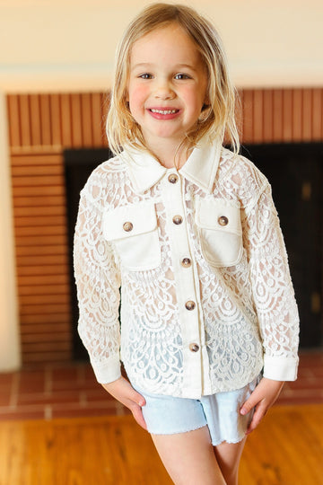 Kids Giddy Up Cream Cotton Floral Lace Button Down Top