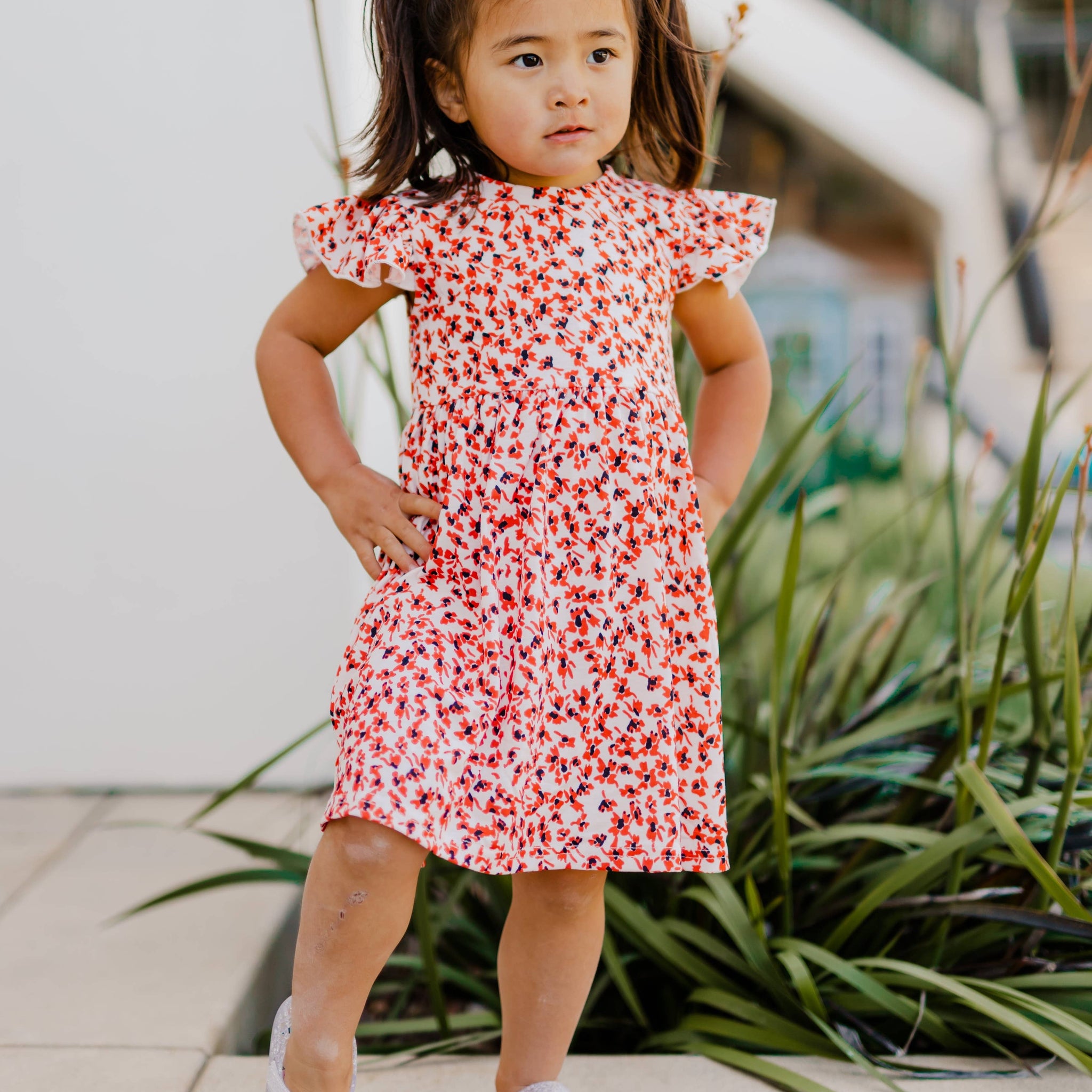 Red Floral Ruffle Sleeve Girls Dress