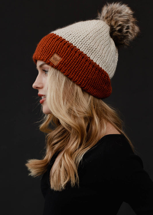 Beige & Rust Color Block Pom Stocking Hat