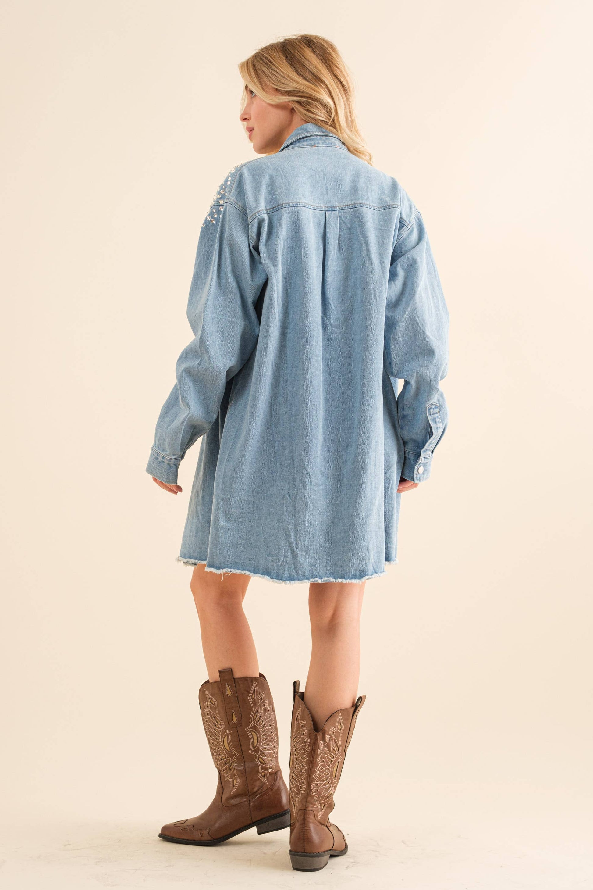 Oversized Rhinestone Denim Tunic - Effortless Glamour for Every Occasion