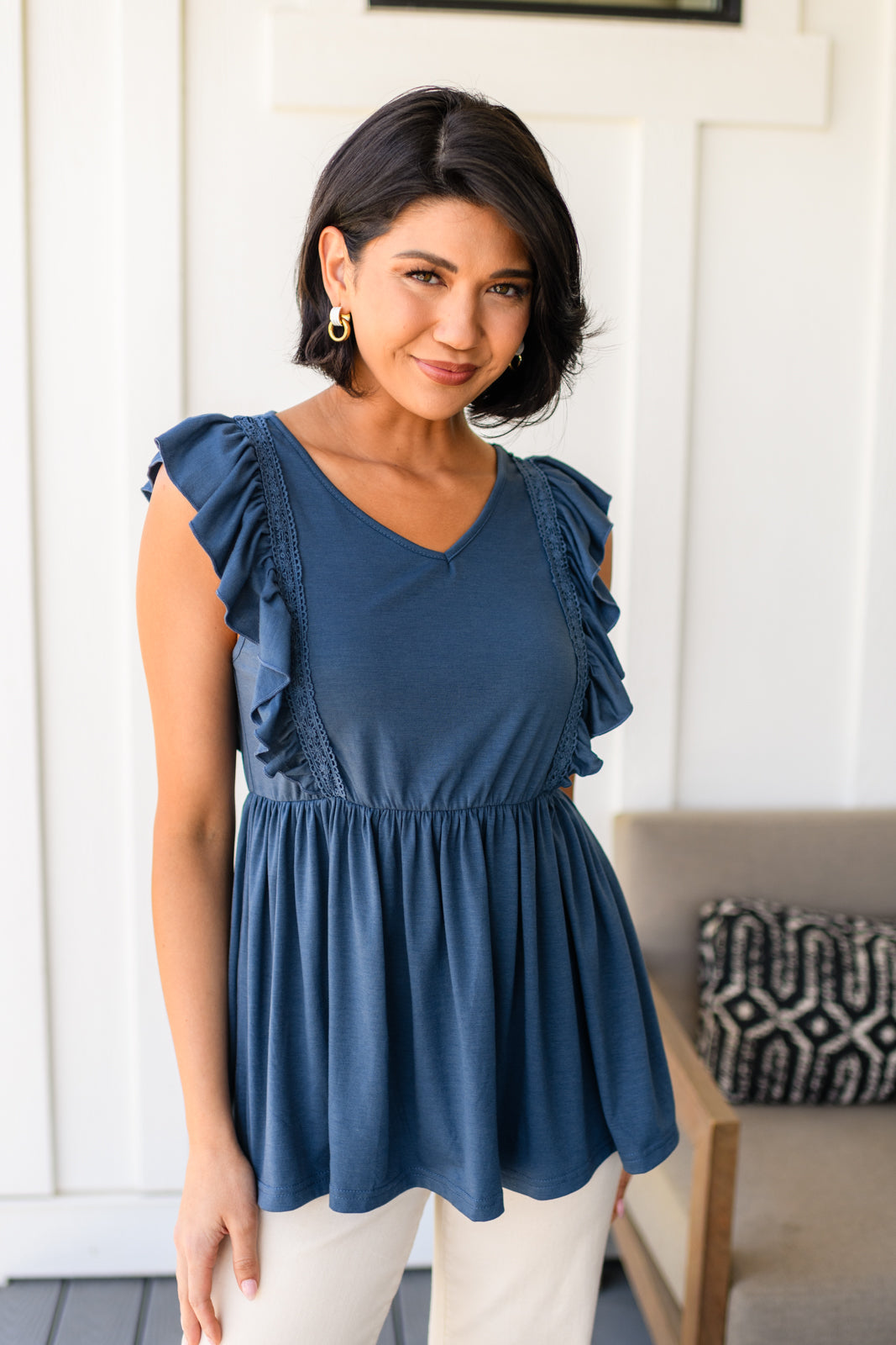 Before Now Navy Ruffled Babydoll Top