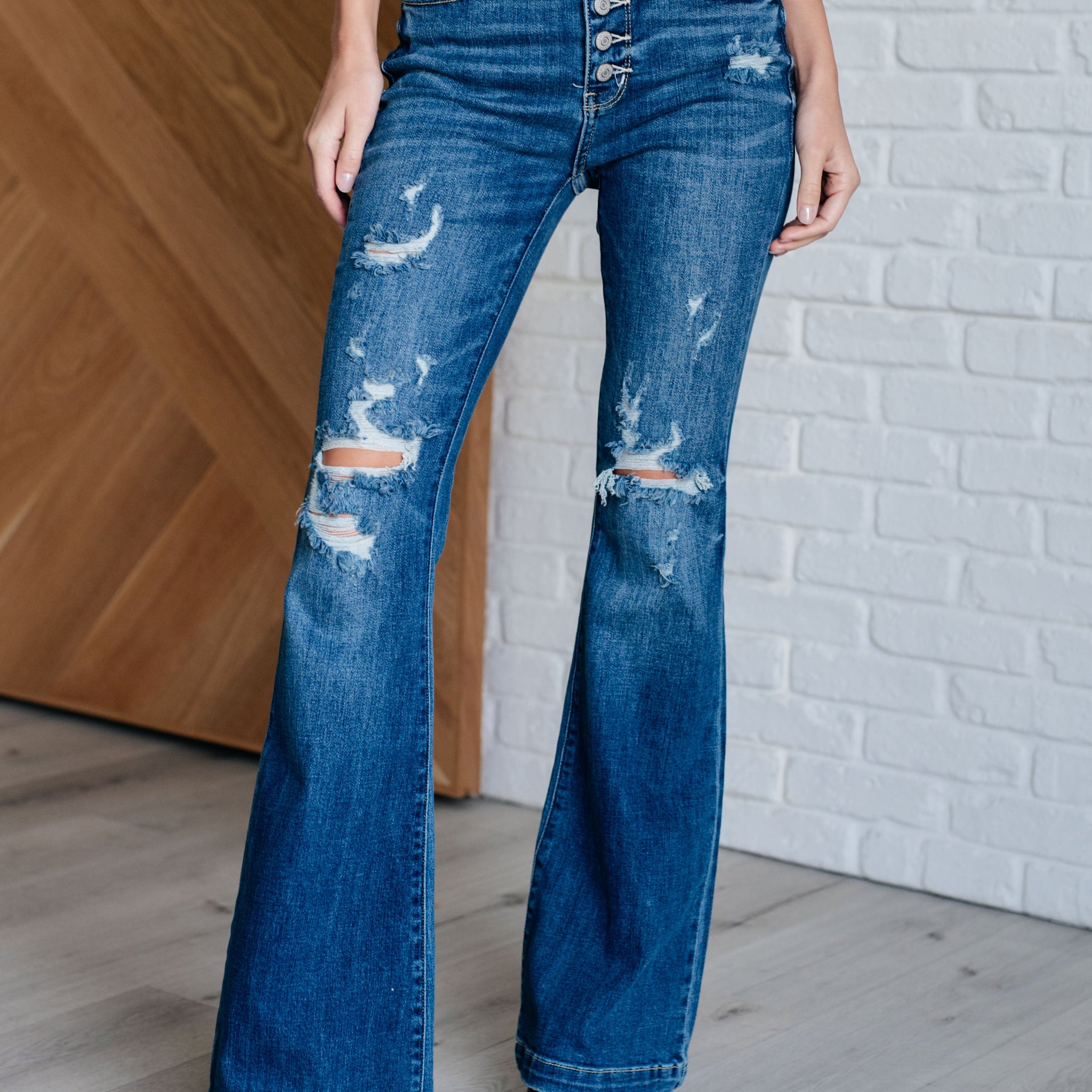 Gabriella Judy Blue Mid Rise Distressed Button Fly Flare Jeans