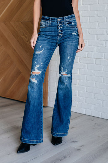 Gabriella Judy Blue Mid Rise Distressed Button Fly Flare Jeans