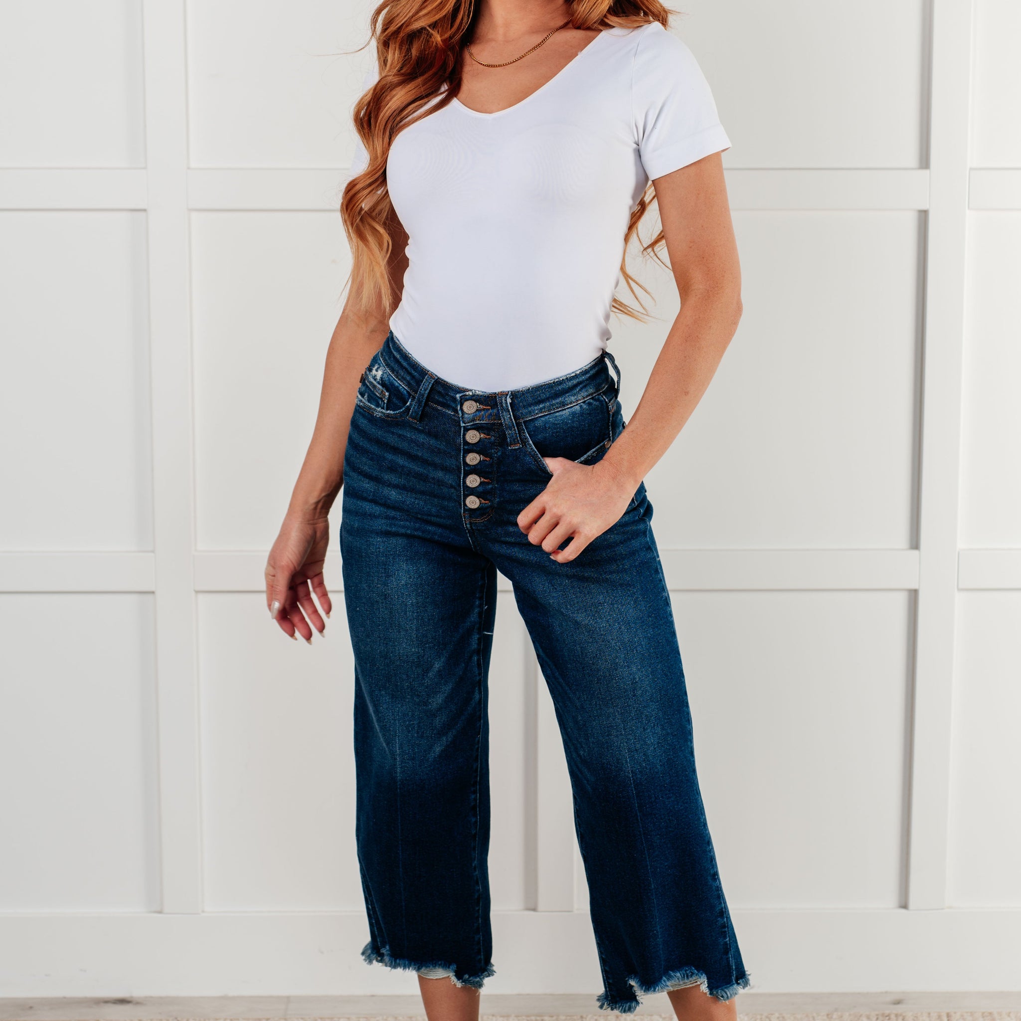 Janice High Rise Button Fly Wide Leg Crop Jeans