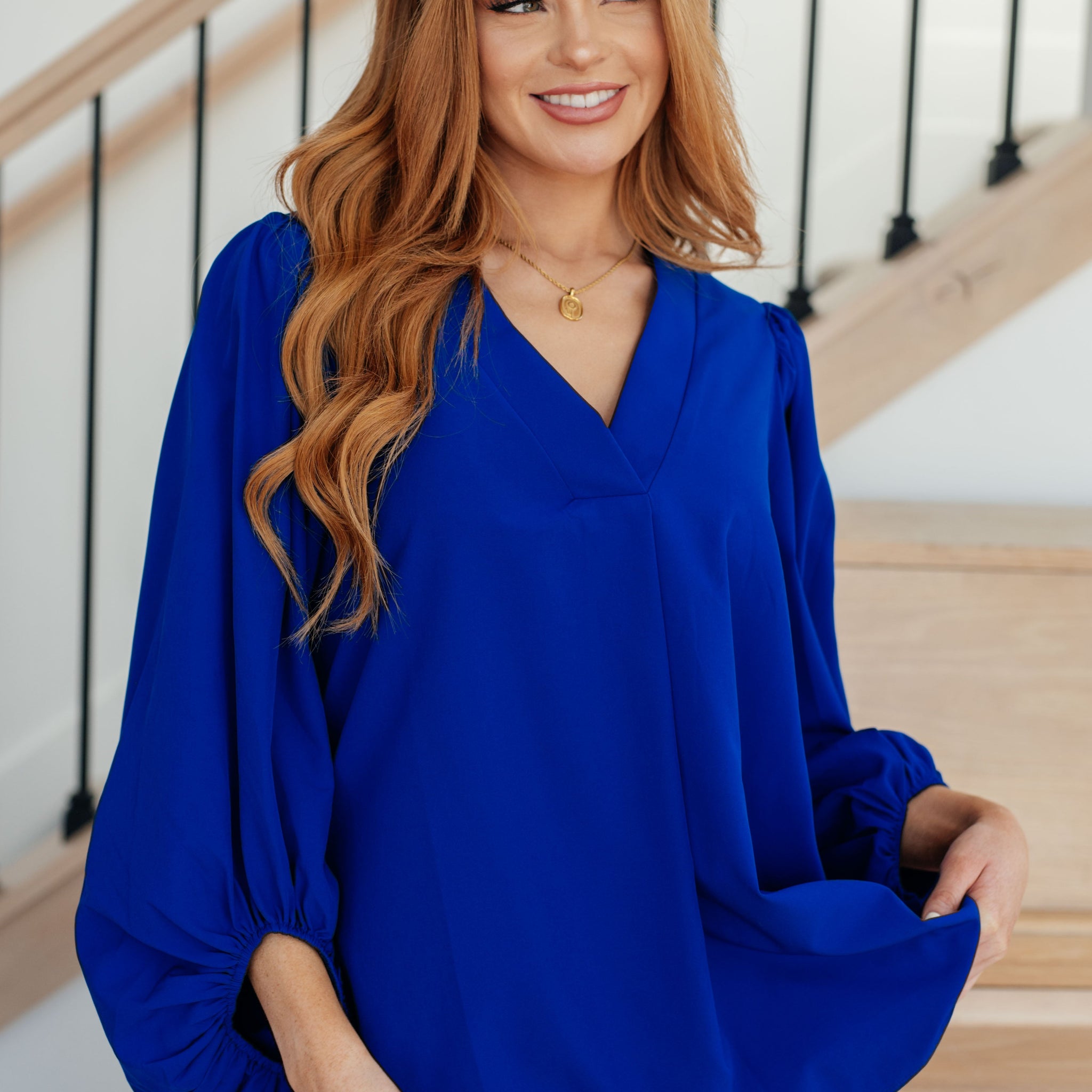 What Do You Say Blue Balloon Sleeve Blouse