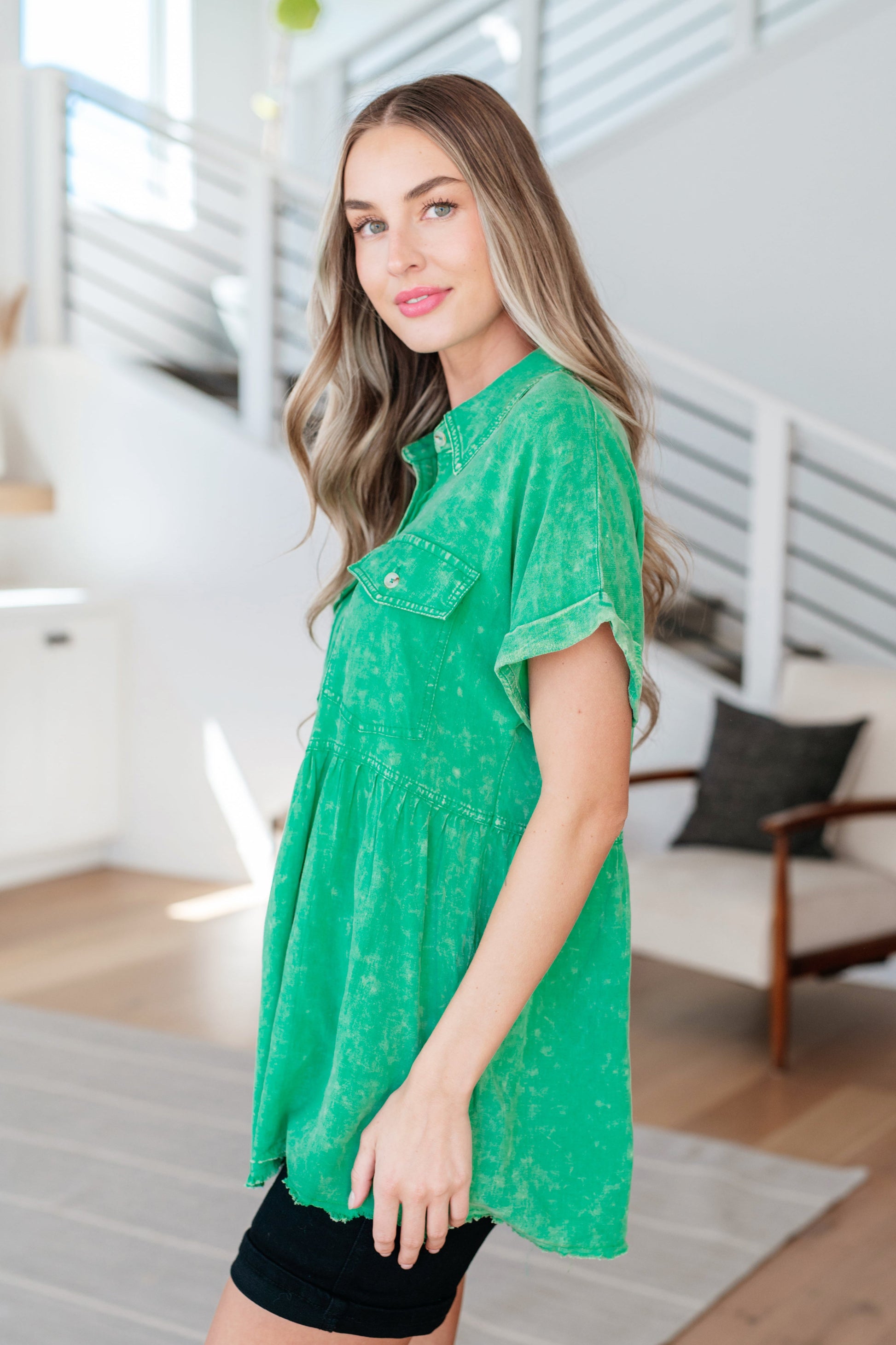 Working In The Garden Green Button Up Peplum Blouse