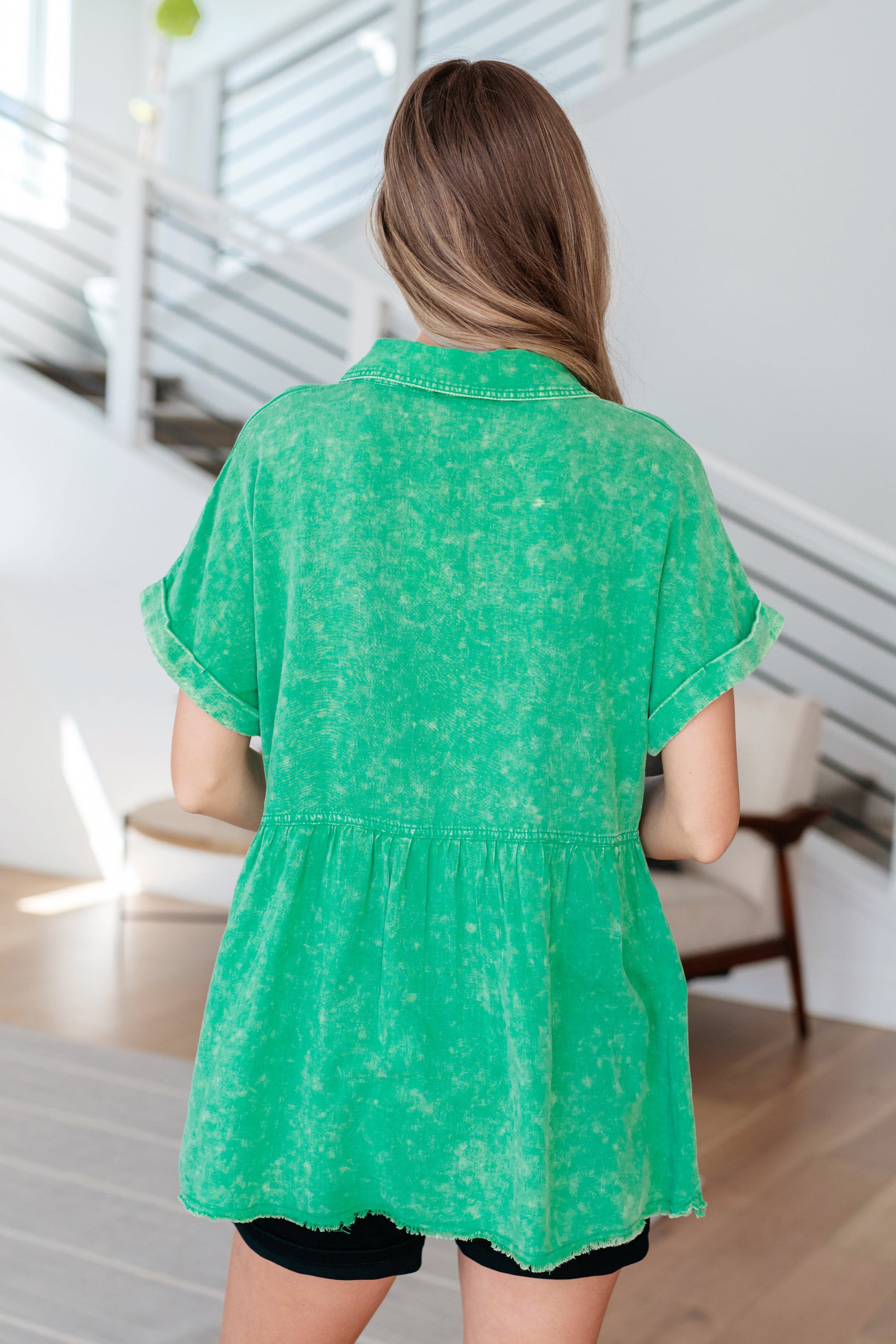 Working In The Garden Green Button Up Peplum Blouse