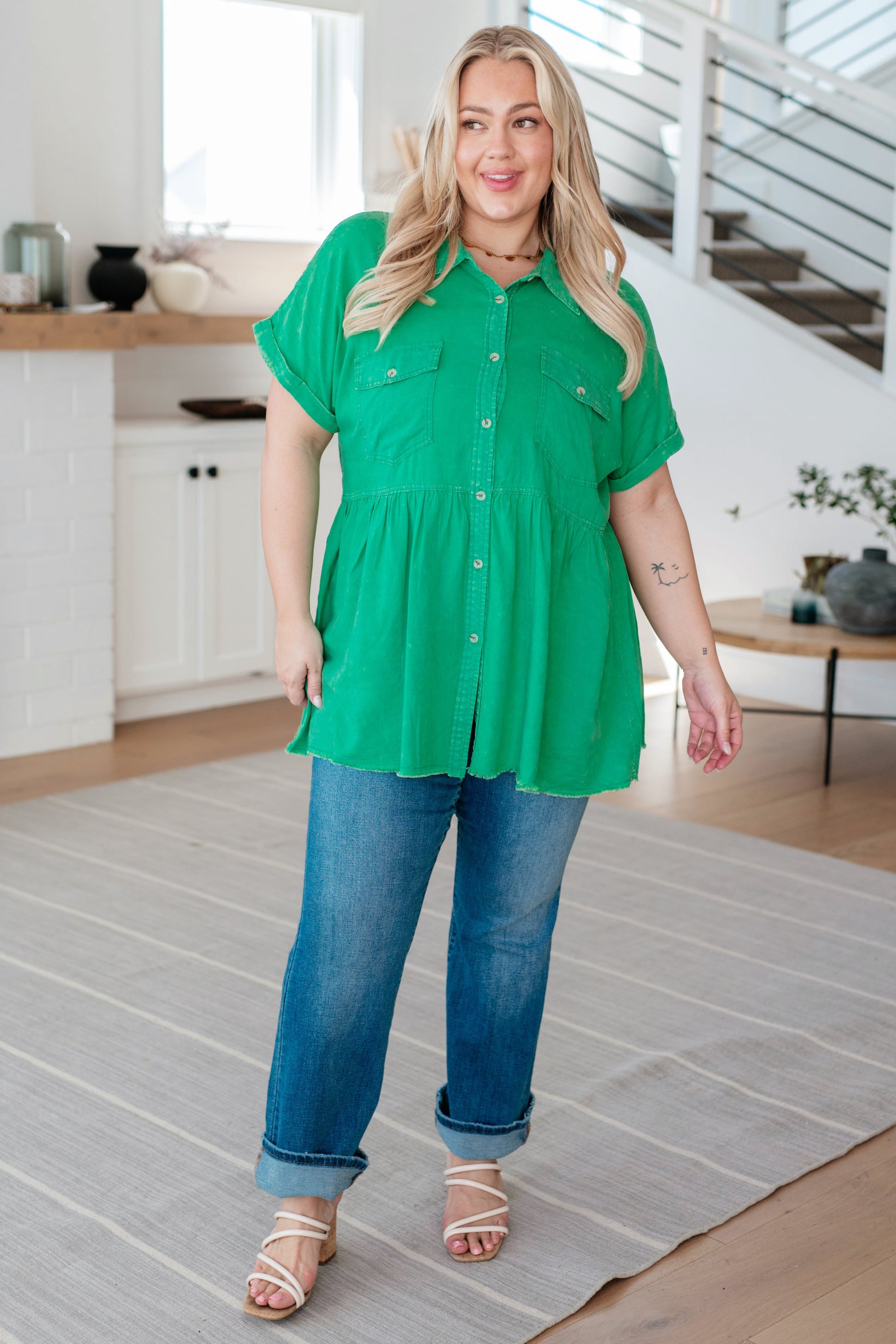 Working In The Garden Green Button Up Peplum Blouse