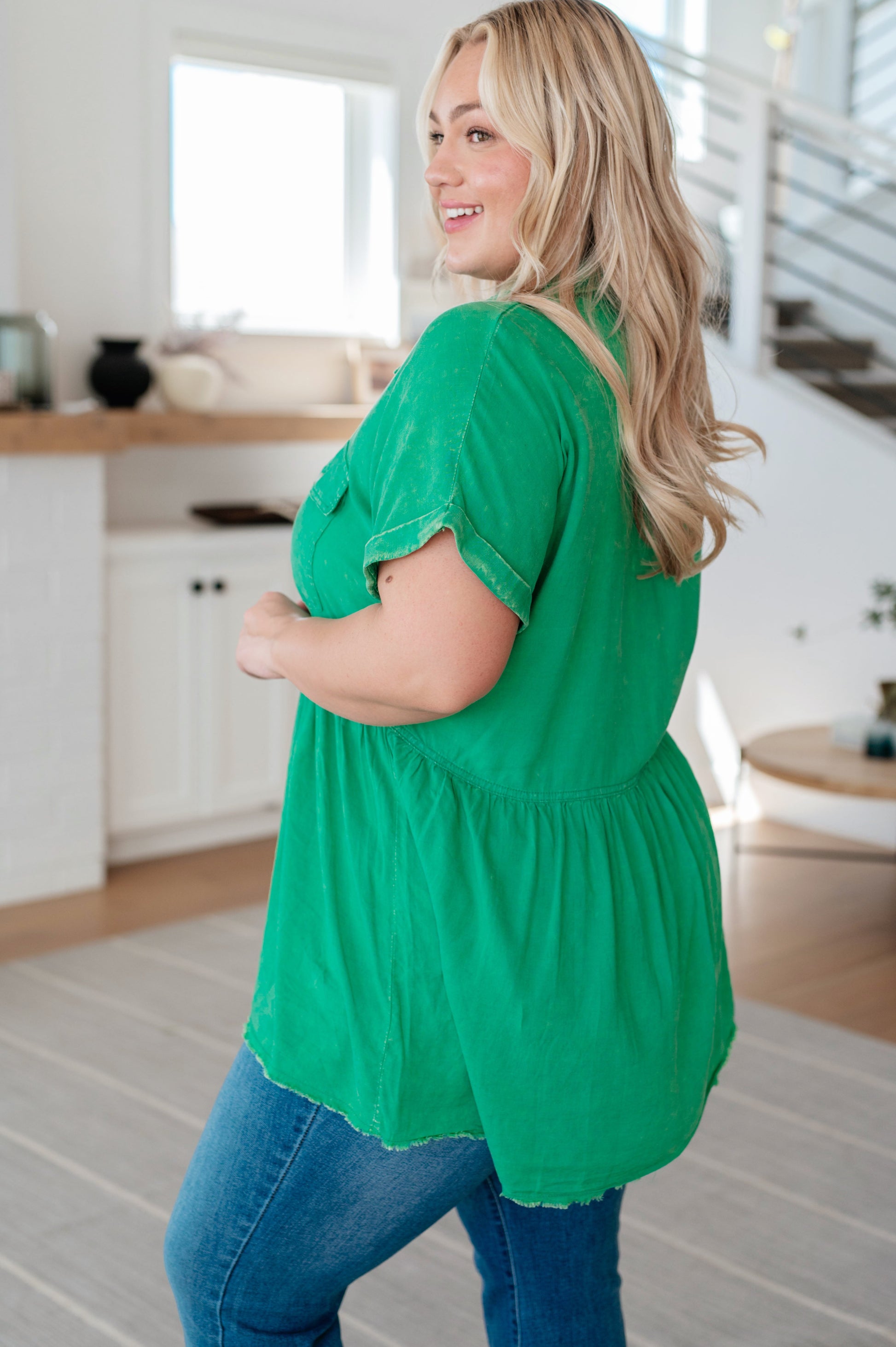 Working In The Garden Green Button Up Peplum Blouse