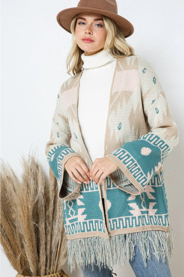 Taupe / Teal Aztec Fringe Sweater Cardigan Taupe / Teal Aztec Fringe Sweater Cardigan