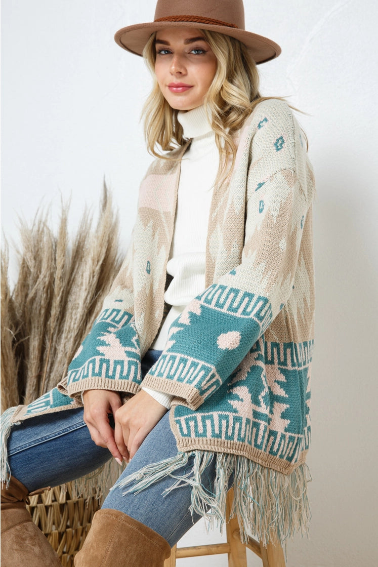 Taupe / Teal Aztec Fringe Sweater Cardigan  Taupe / Teal Aztec Fringe Sweater Cardigan