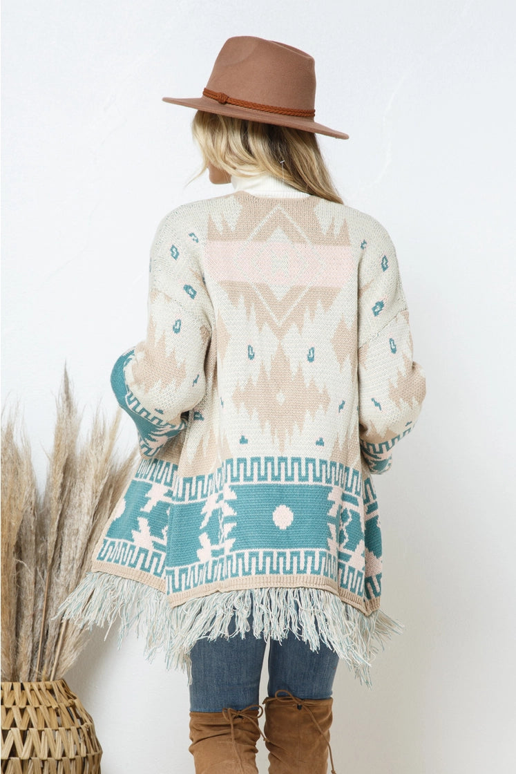 Taupe / Teal Aztec Fringe Sweater Cardigan  Taupe / Teal Aztec Fringe Sweater Cardigan