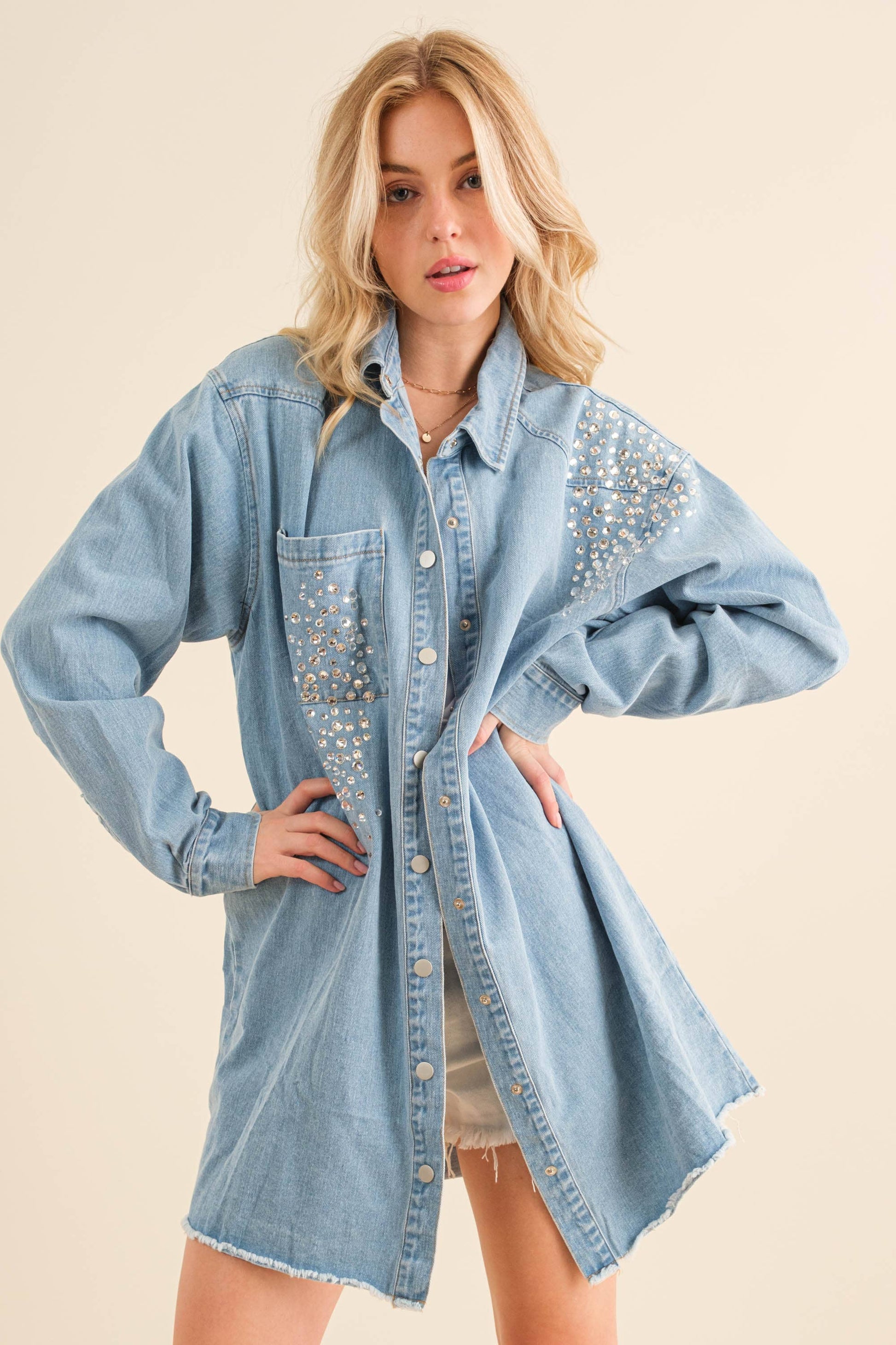 Oversized Rhinestone Denim Tunic - Effortless Glamour for Every Occasion