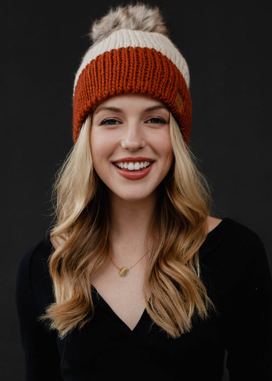 Beige & Rust Color Block Pom Stocking Hat