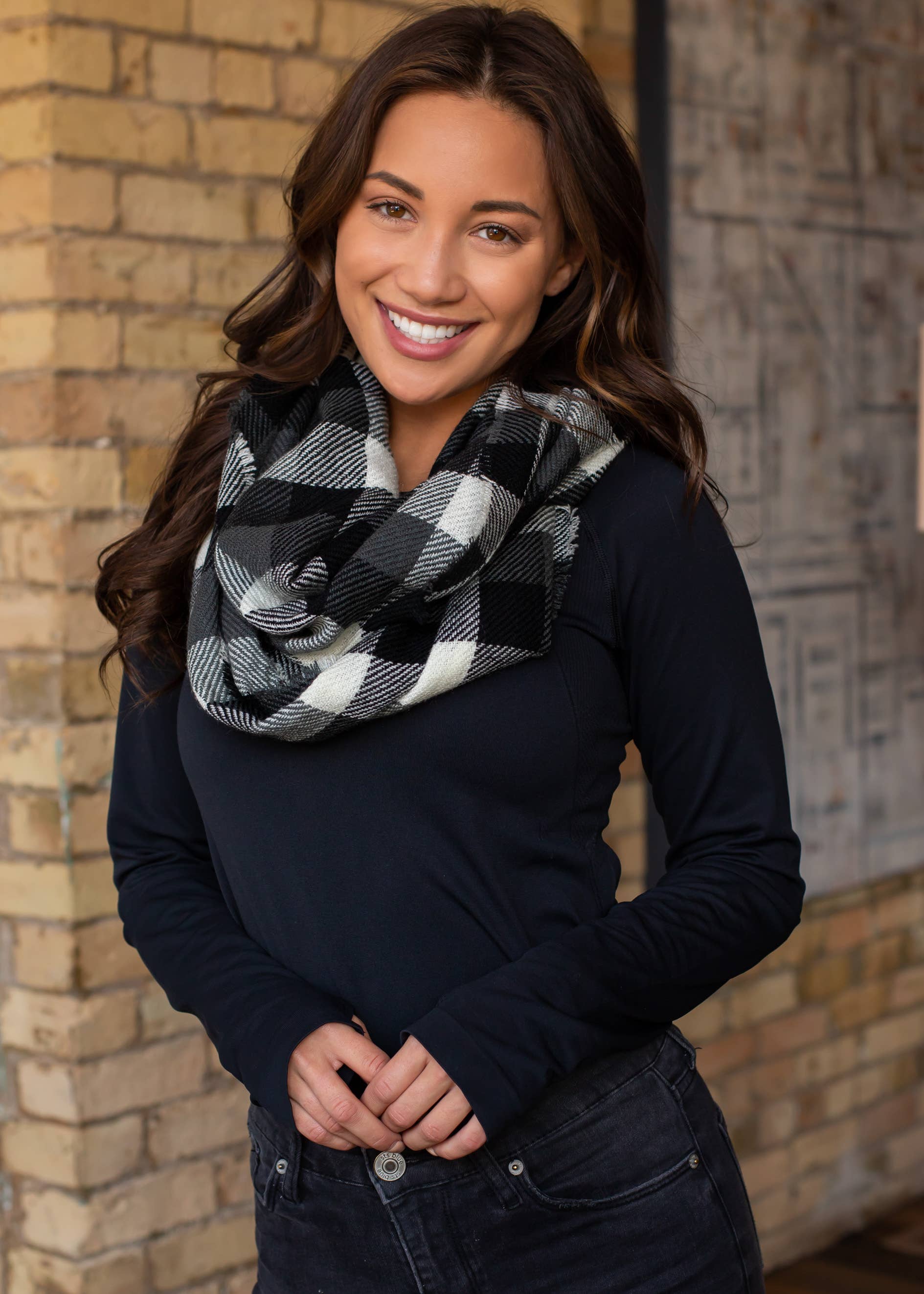 Black and White Buffalo Plaid Infinity Scarf